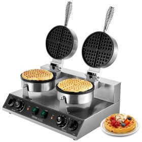 VEVOR Commercial Waffle Maker, Dual-Head Round Waffle Baker Machine, 2460W Non-Stick Stainless Steel Belgian Waffle Iron with Temp and Time Contr